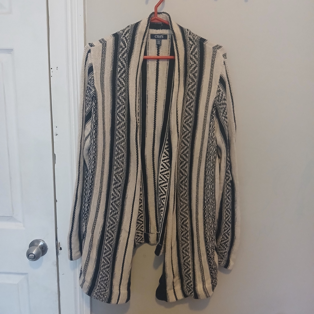 Chaps by Ralph Lauren Black and Ivory Aztec Western Open Front Cardigan. 